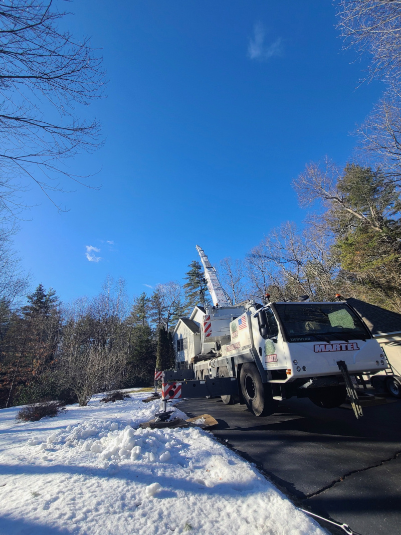 Tree Removal and Crane Service in Chelmsford, MA

Another successful and carefully executed tree removal project in Chelmsford, MA by Martel Crane Service & Tree Removal.

For this job, the crew set up the crane directly in the driveway to safely remove large trees located close to the home. With limited access and surrounding structures to protect, crane-assisted removal was the safest and most efficient solution. Each section of the tree was rigged, lifted, and lowered with precision, minimizing impact to the property and surrounding landscape.

Even with winter conditions on the ground, proper setup and planning ensured stability and control throughout the entire process. This type of work highlights the importance of experience, coordination, and the right equipment when dealing with large or hazardous trees.

From careful crane placement to clean, controlled removals, the Martel team delivered another smooth operation while prioritizing safety and property protection from start to finis