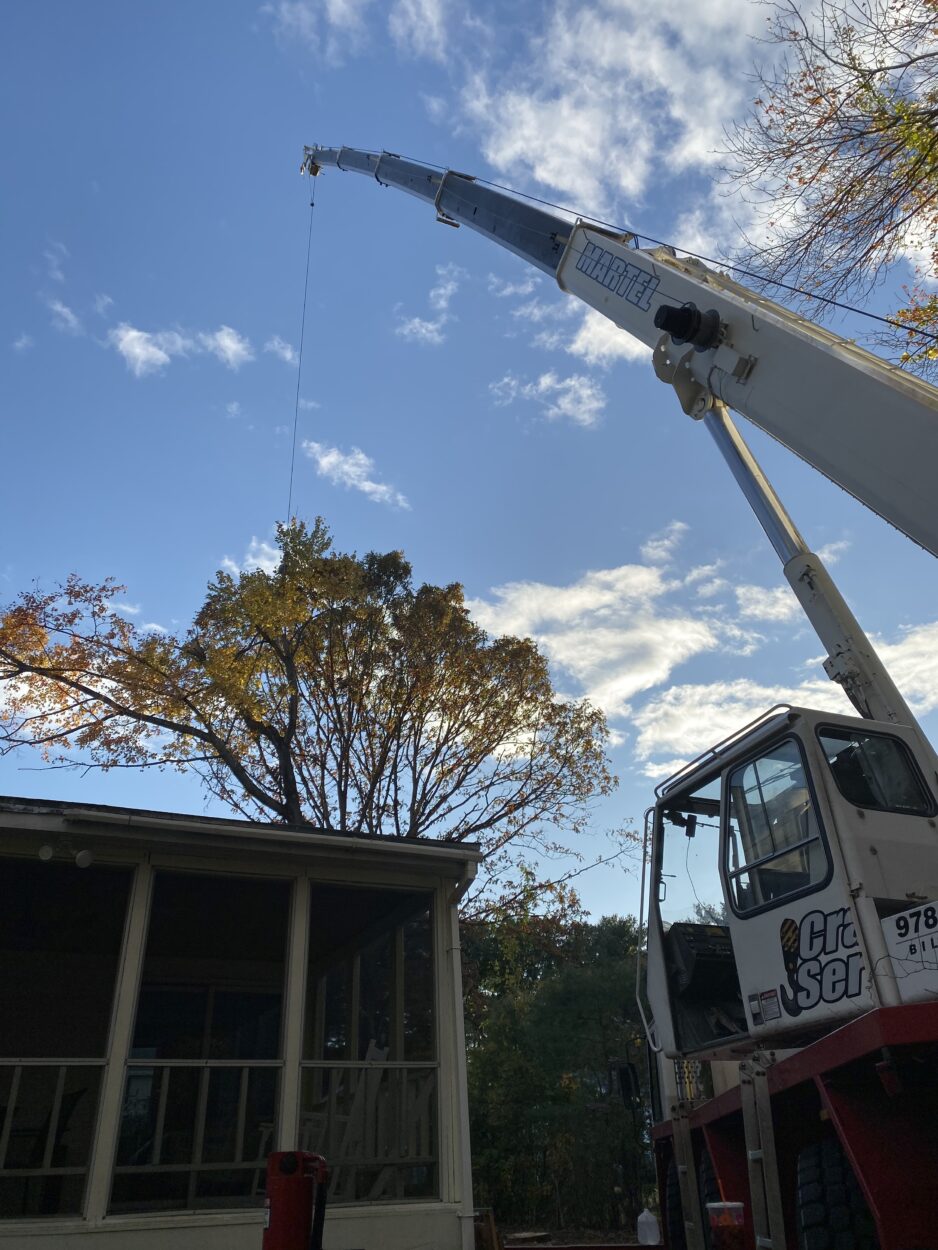 The crew and crane removed this large maple tree in Burlington, MA.