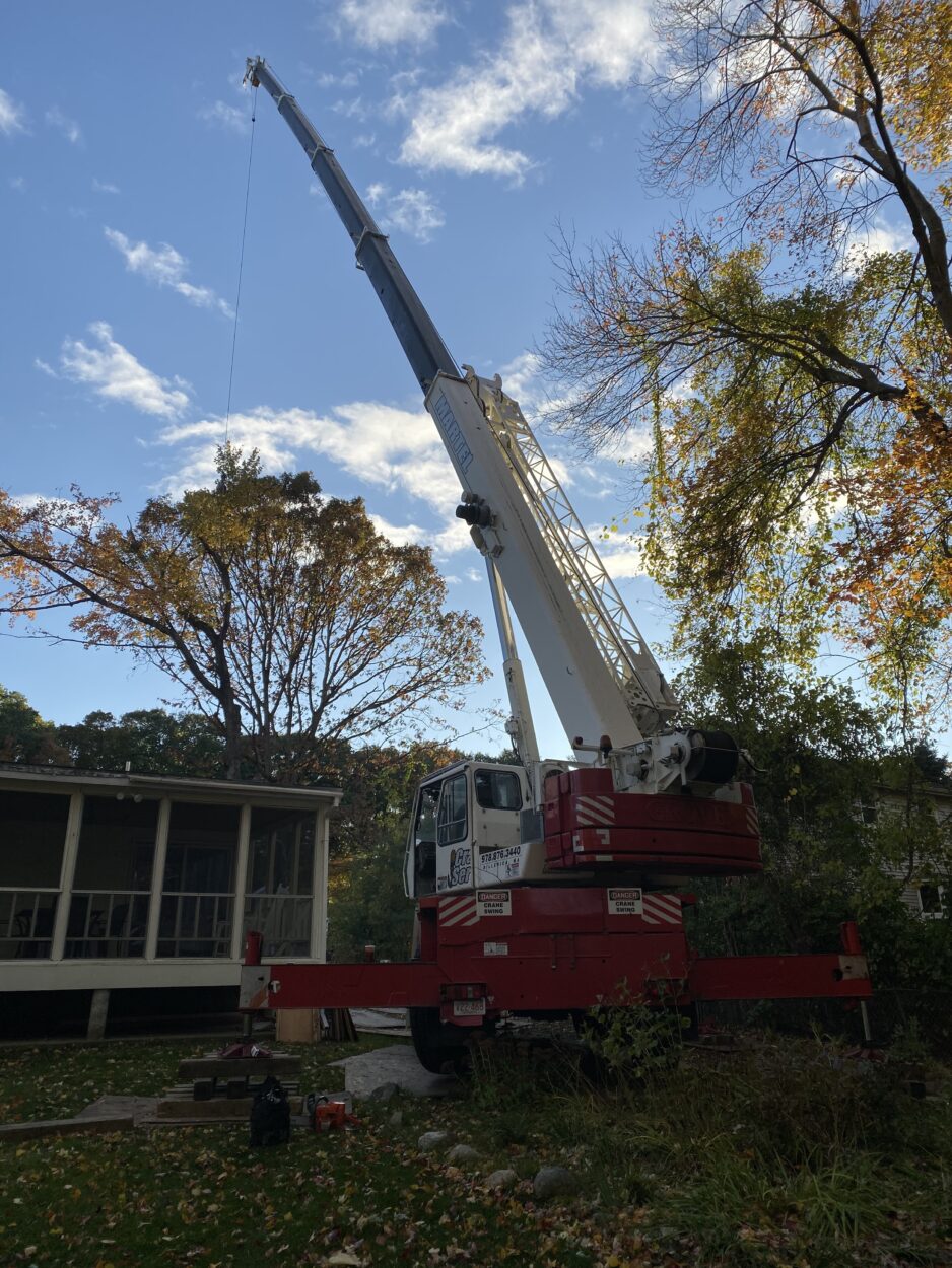 The crew and crane removed this large maple tree in Burlington, MA.