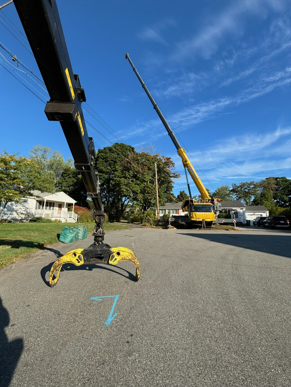 The crew and crane from Martel Crane Service & Tree Removal removed trees from this property in Woburn, MA.

