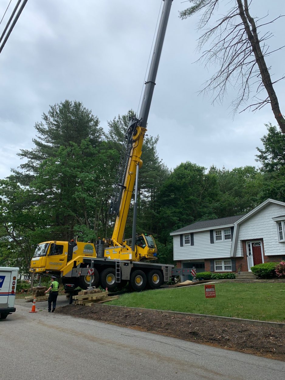 Tree Removal using the crane in Billerica, MA.