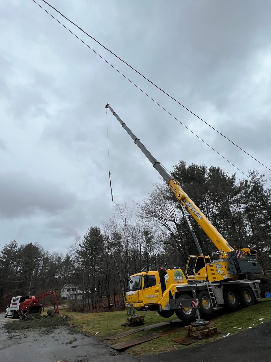 The crew and crane from Martel Crane & Tree removed several trees from this home in Chelmsford, MA. 
