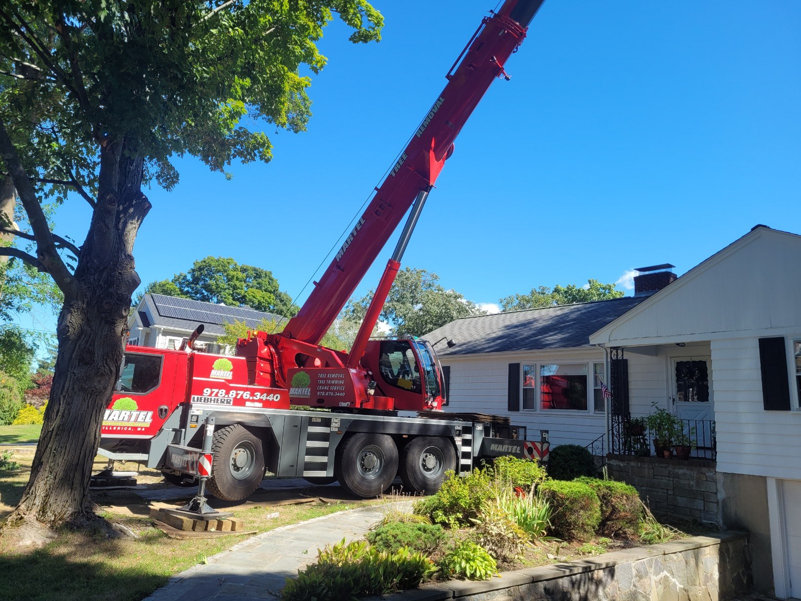 Martel Crane and Tree setup the red crane in the front yard of this home in Lexington, MA to safely remove trees.
