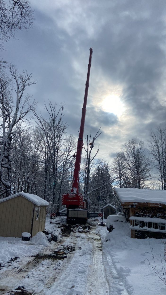 For this tree removal job in Westford, MA, Martel Crane & Tree used the red crane to safely remove trees.
