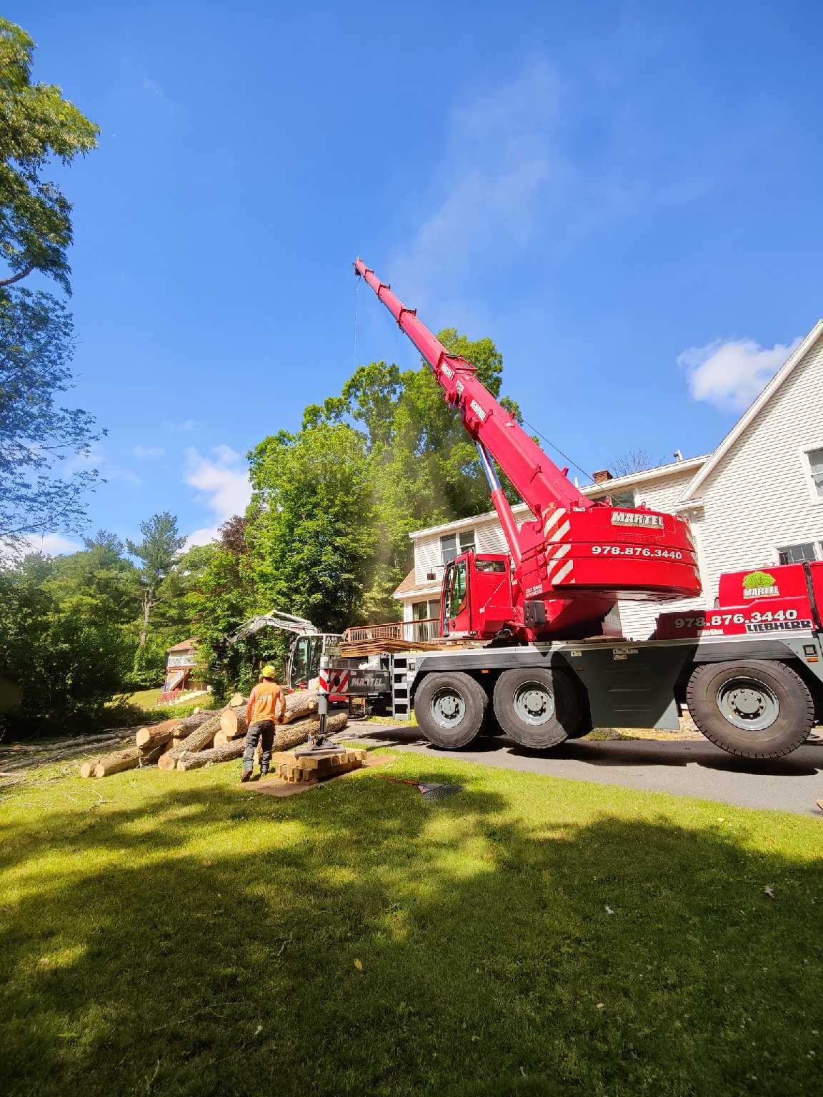 The crane and crew safely removed multiple trees from this property in Andover, MA.