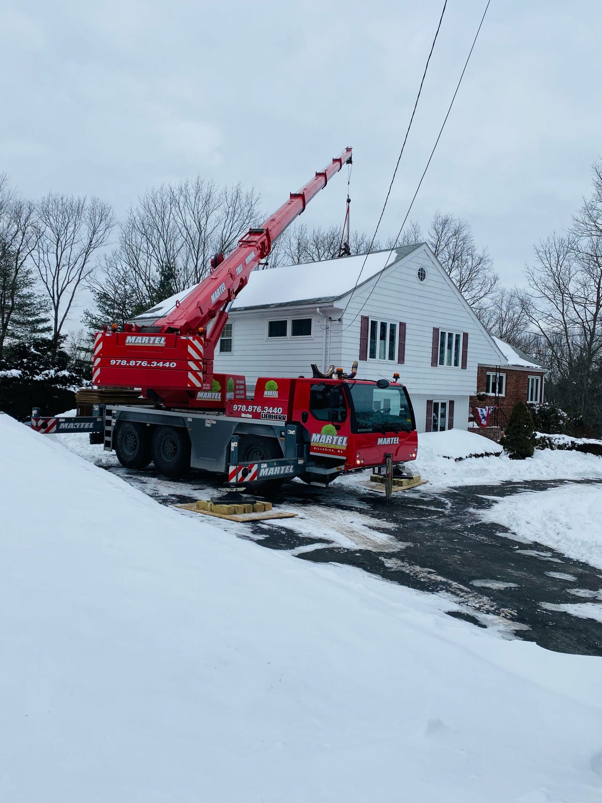 The crew and crane safely removed trees from this property in Winchester, MA.