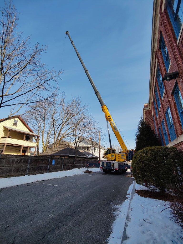 We setup behind this tight neighborhood in Medford, MA to remove trees from a residential property.